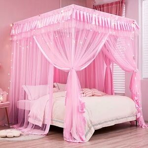 Pink Sheer Mesh Net Polyester Blend Ruffle Princess Bed Canopy Curtains TWIN